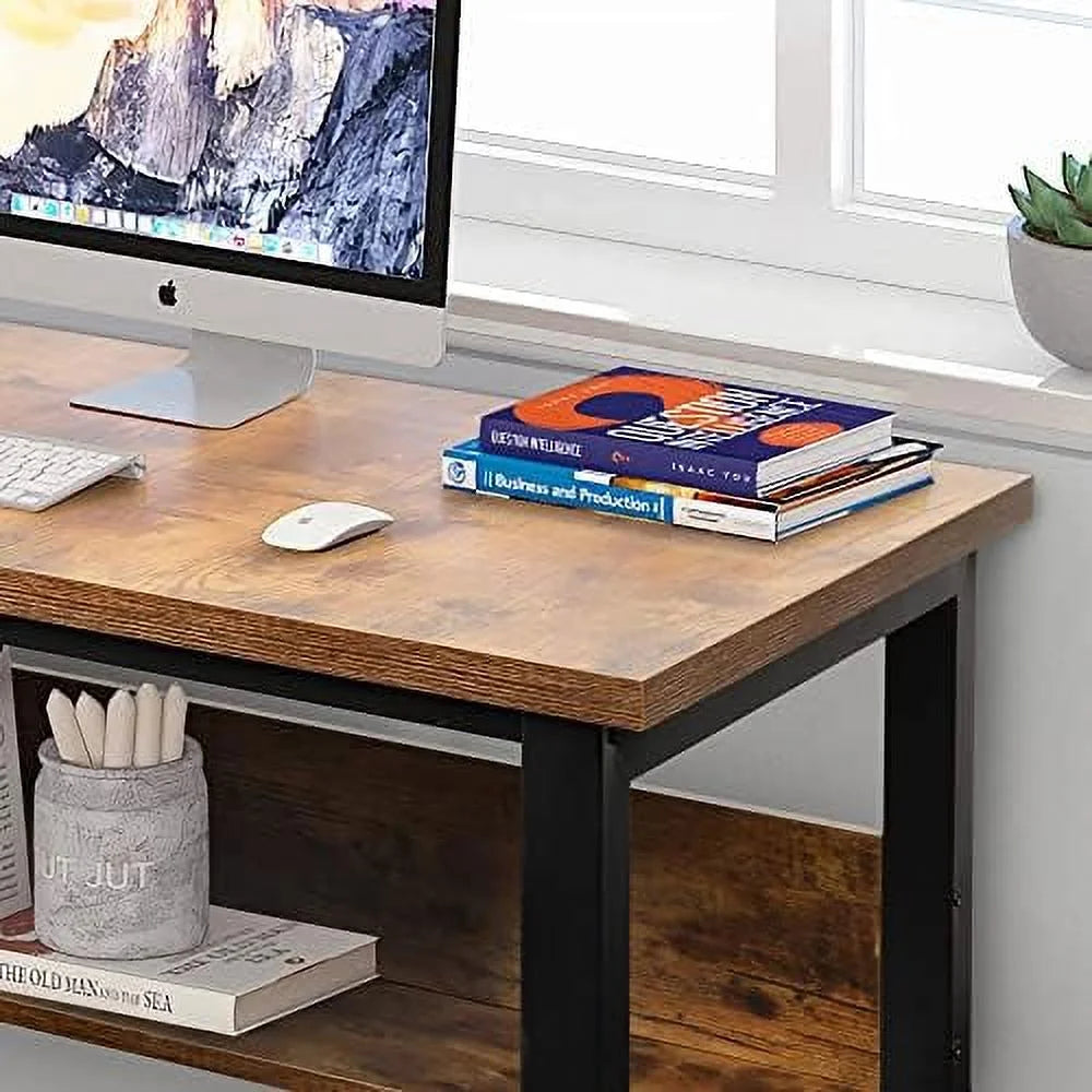 Computer Desk with Shelves 47 Inches Natural Wood Black Metal Frame I111175