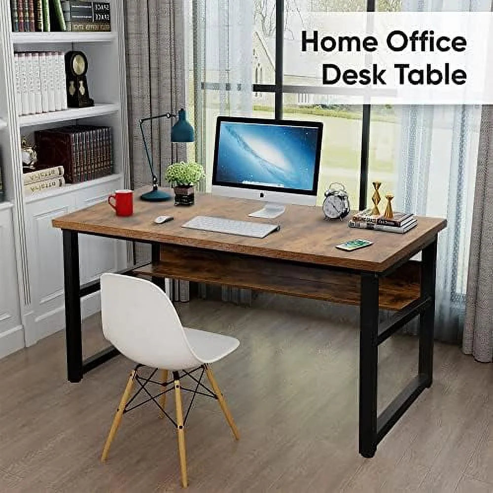 Computer Desk with Shelves 47 Inches Natural Wood Black Metal Frame I111175