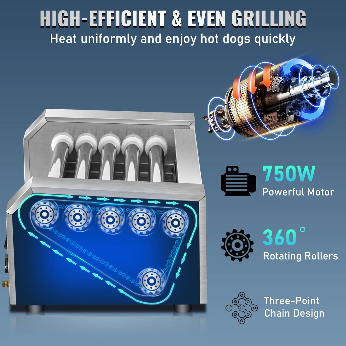 12 Hot Dog 5 Roller Grill Cooker Machine Stainless Steel 750W Q4882
