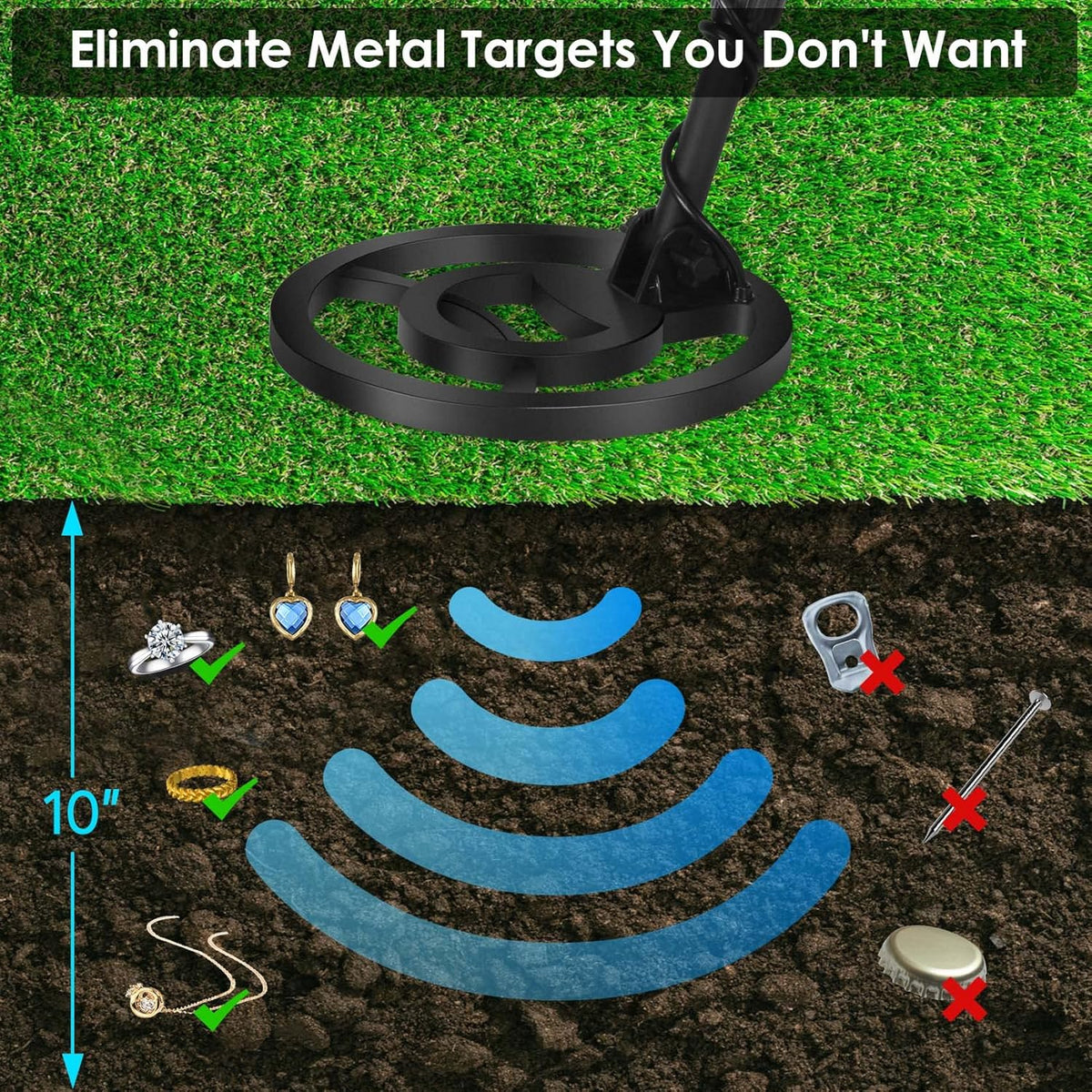 10" Depth Waterproof Metal Detector with LCD Display O409576