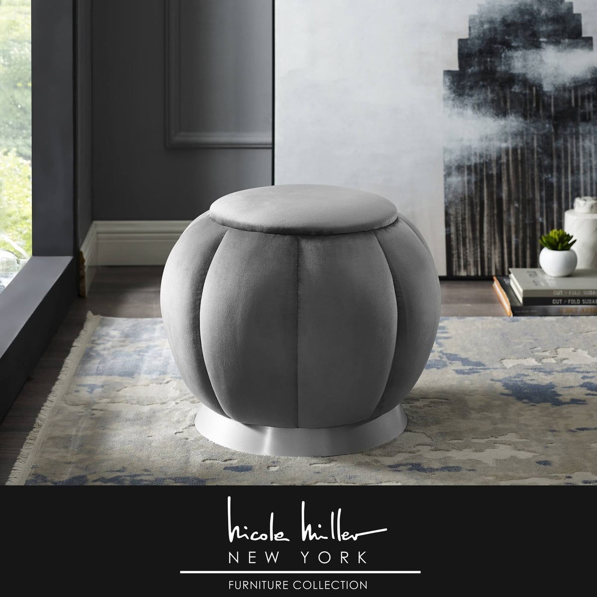 Grey Upholstered Ottoman with Gold Matte Base L7265