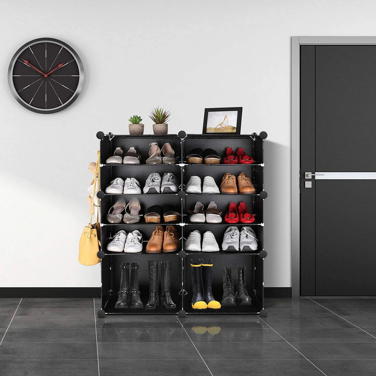 10 Cube Shoe Rack with Doors and Extra Hooks, Black and Clear V3280