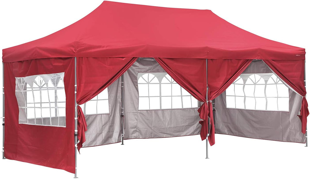10x20 Ft Pop up Canopy Tent with Sidewalls and Windows Red Z787135