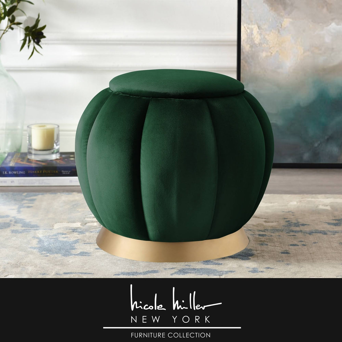 Grey Upholstered Ottoman with Gold Matte Base L7265
