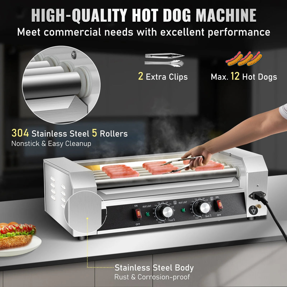 12 Hot Dog 5 Roller Grill Cooker Machine Stainless Steel 750W Q4882