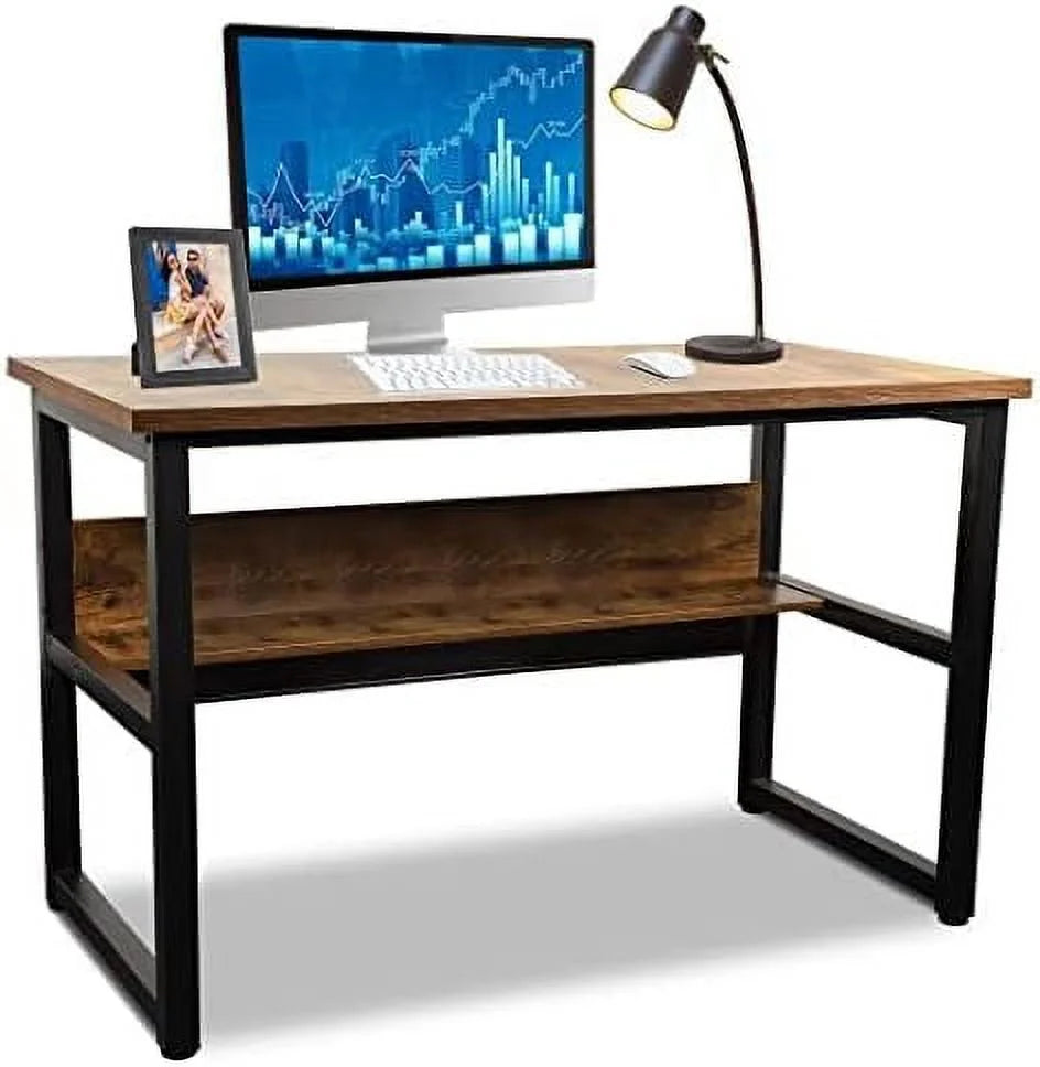 Computer Desk with Shelves 47 Inches Natural Wood Black Metal Frame I111175
