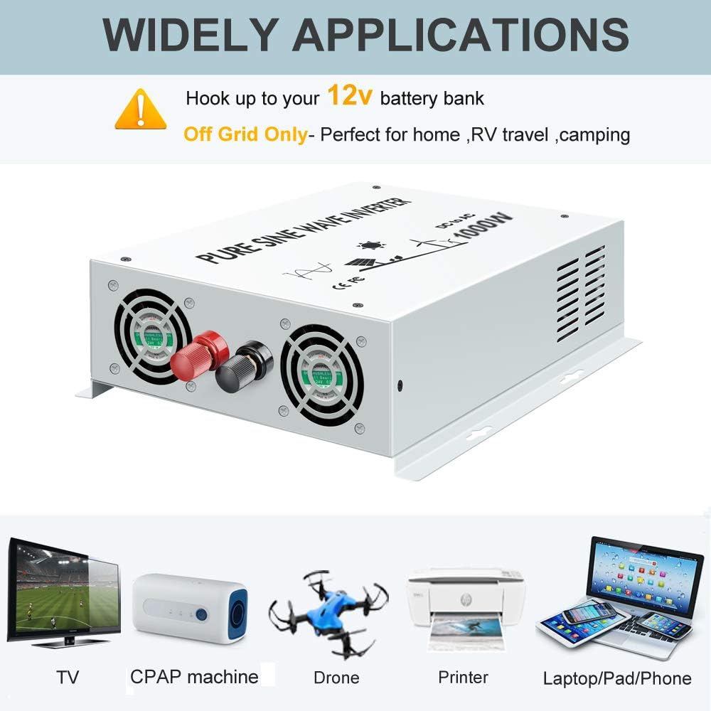 1000 Watt 12V Pure Sine Wave Power Inverter Dual 120V AC Outlets A961