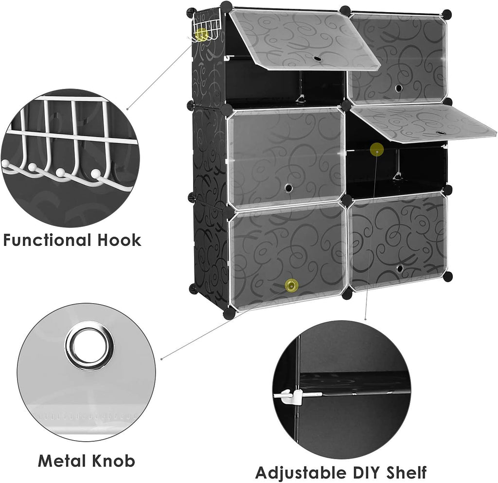 10 Cube Shoe Rack with Doors and Extra Hooks, Black and Clear V3280