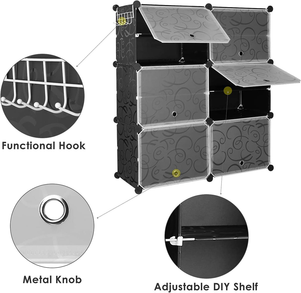 10 Cube Shoe Rack with Doors and Extra Hooks, Black and Clear V3280