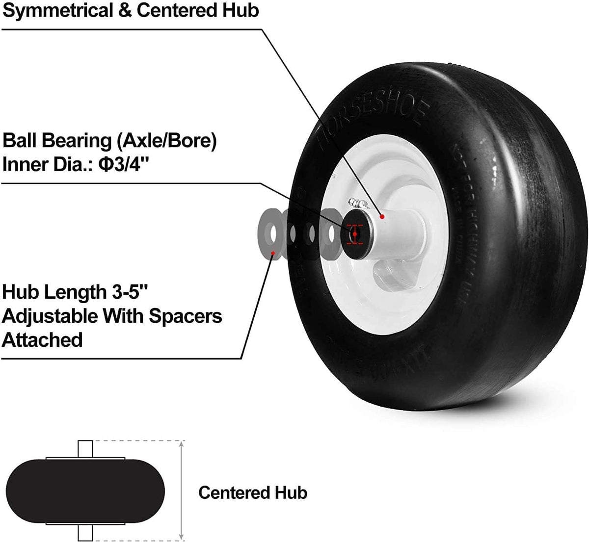 11x4.00-5 Flat Free High Density Smooth Tire on Wheel with Grease Fitting, Centered Hub 3"-4"-5", Bore ID 3/4" (2) W1670