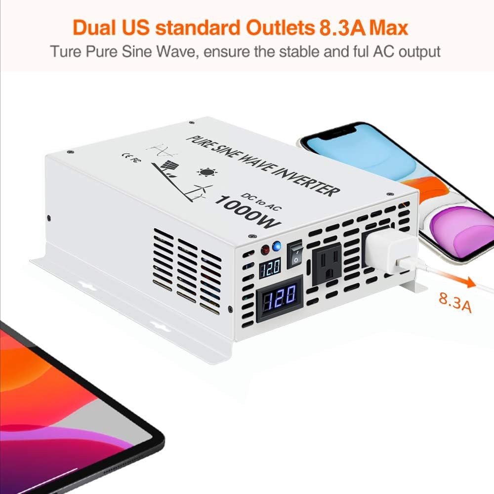 1000 Watt 12V Pure Sine Wave Power Inverter Dual 120V AC Outlets A961