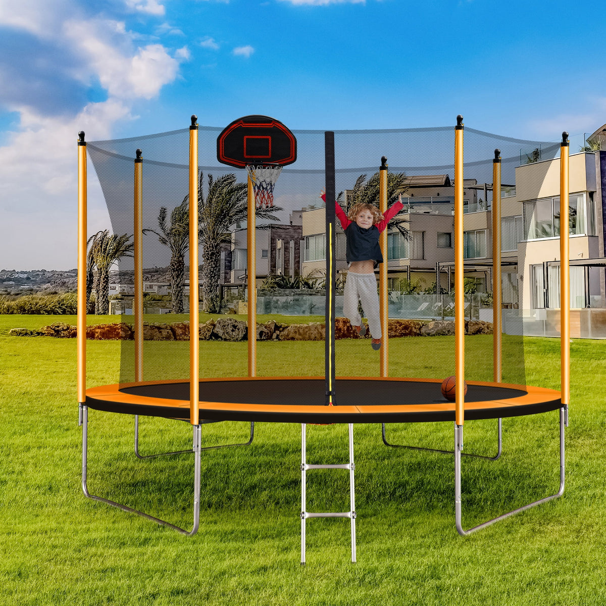 10FT Trampoline with Basketball Hoop, Inflator, and Ladder - Orange G52943