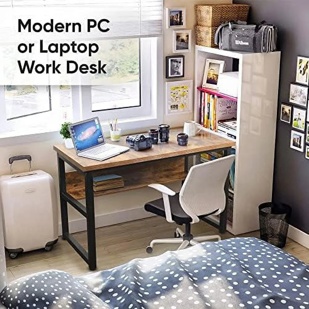 Computer Desk with Shelves 47 Inches Natural Wood Black Metal Frame I111175