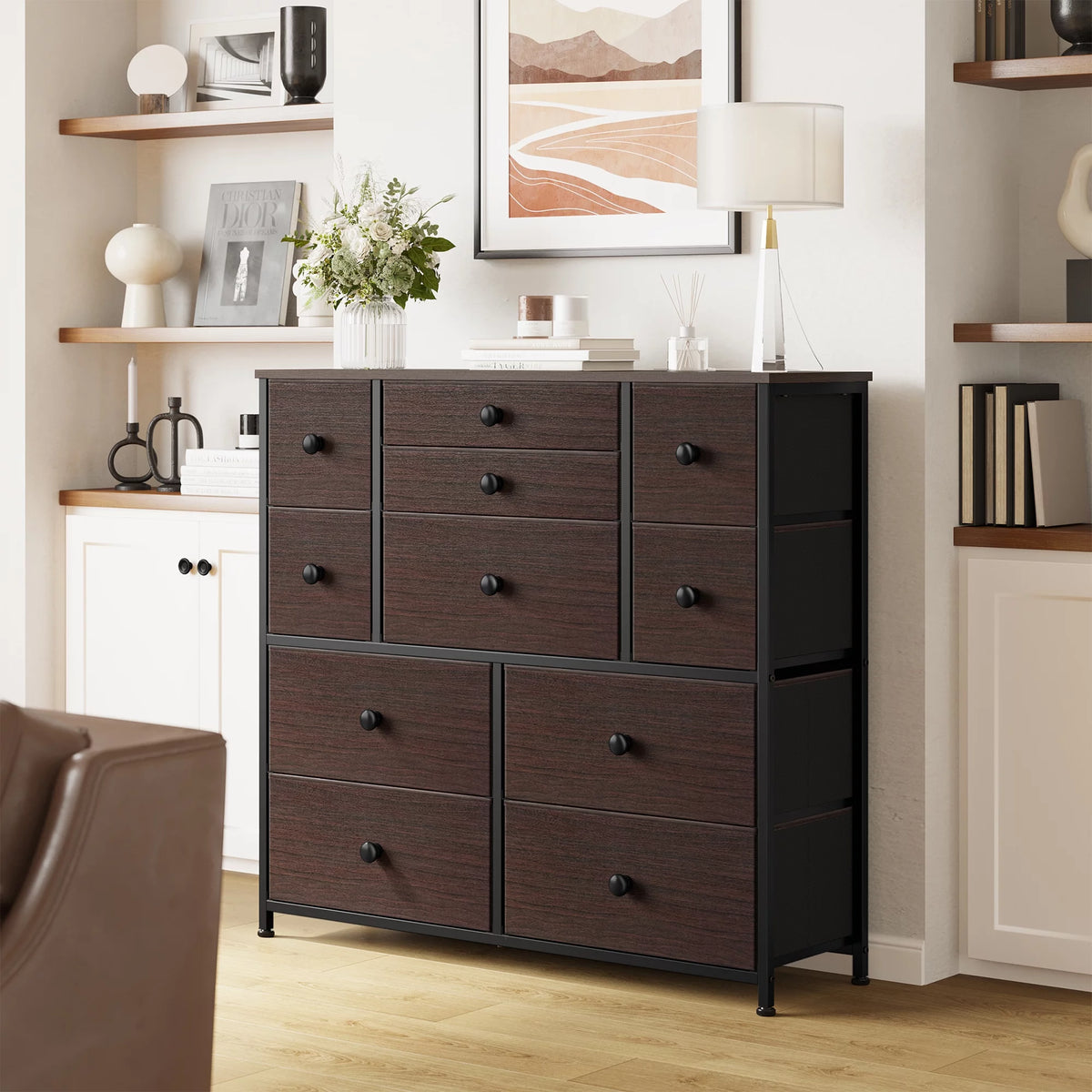 11 Fabric Drawers Dresser with Wood Top J99502