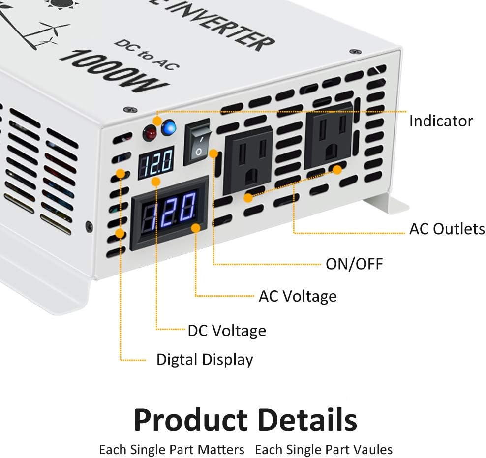 1000 Watt 12V Pure Sine Wave Power Inverter Dual 120V AC Outlets A961