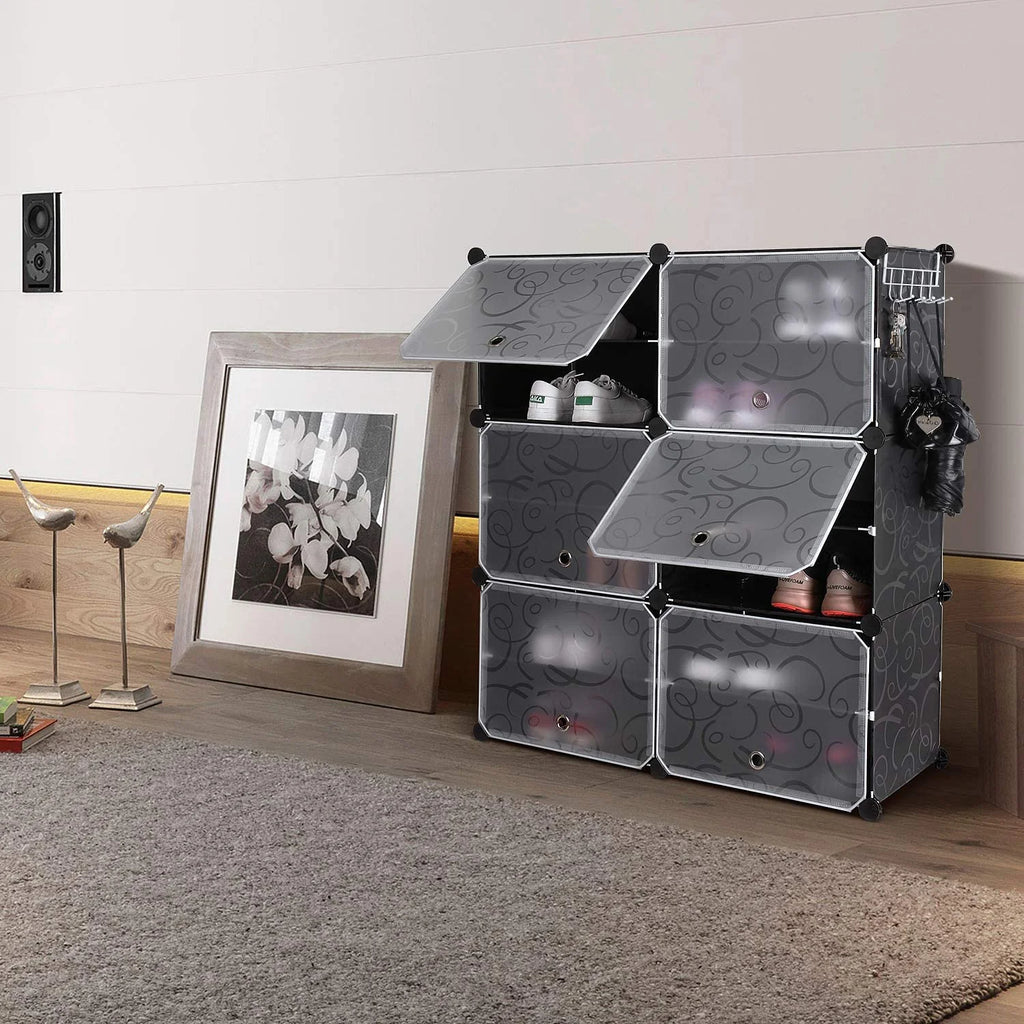 10 Cube Shoe Rack with Doors and Extra Hooks, Black and Clear V3280