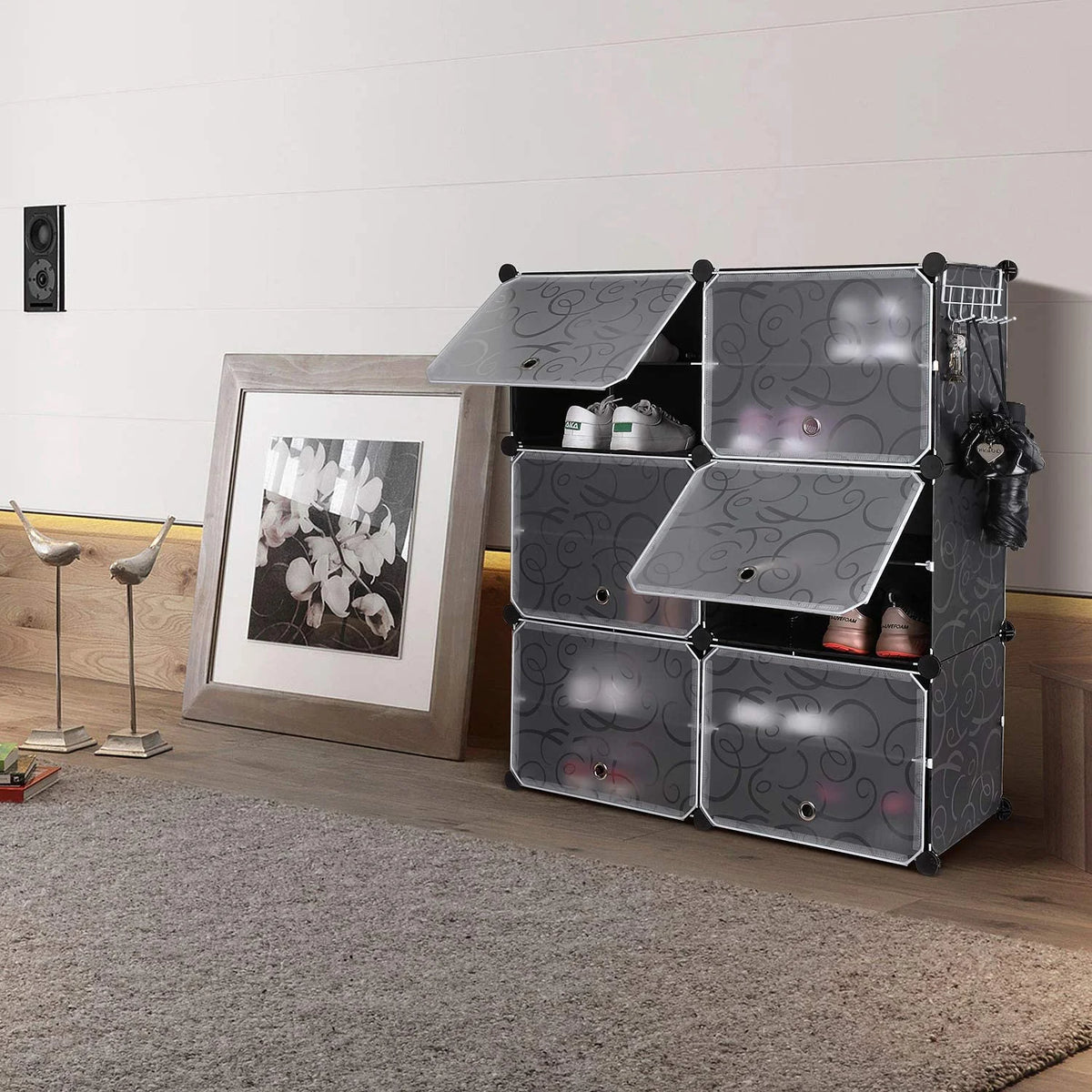 10 Cube Shoe Rack with Doors and Extra Hooks, Black and Clear V3280