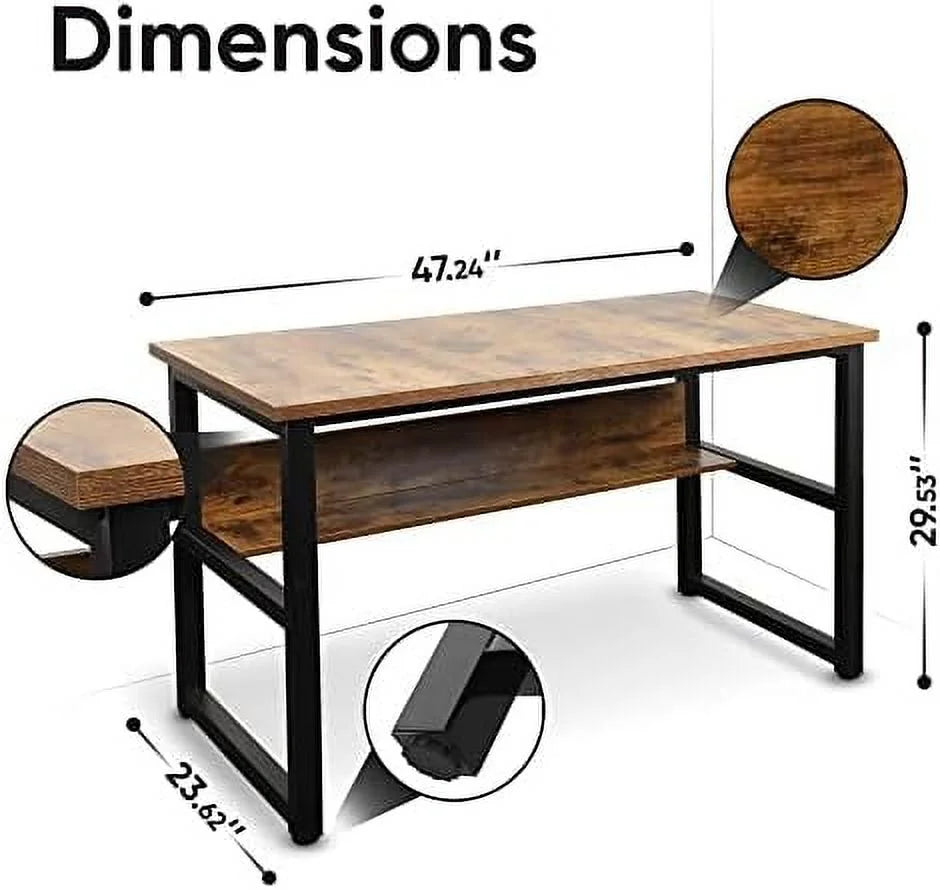Computer Desk with Shelves 47 Inches Natural Wood Black Metal Frame I111175